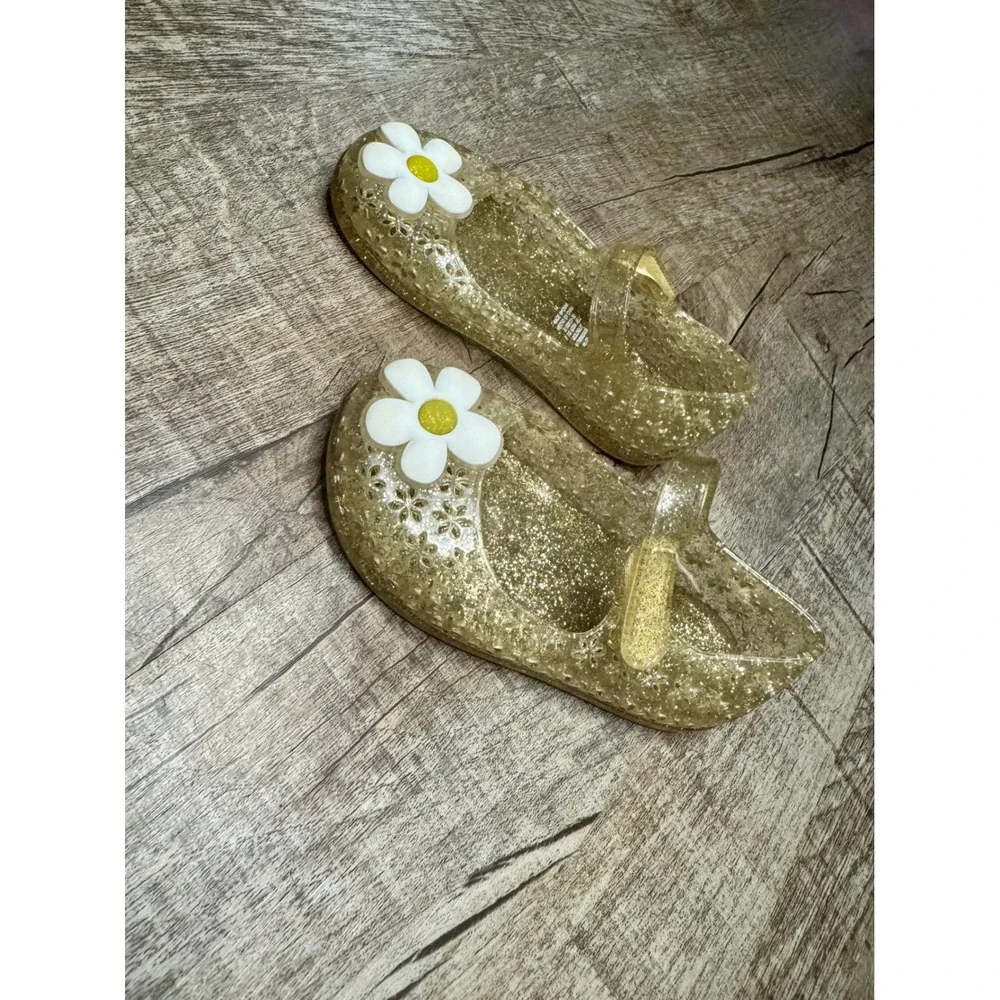 Toddler Girls Gold Glitter Jelly Shoes Daisy Flower Mary Jane Flats Size 7